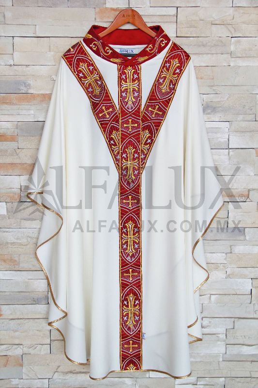 Casulla 04 IMPERIAL TRINITY "Y" en Blanco con RojoQuemado y Cuello Bordado